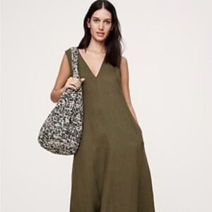 100% Linen V-neck maxi dress in color Spiced Olive Green